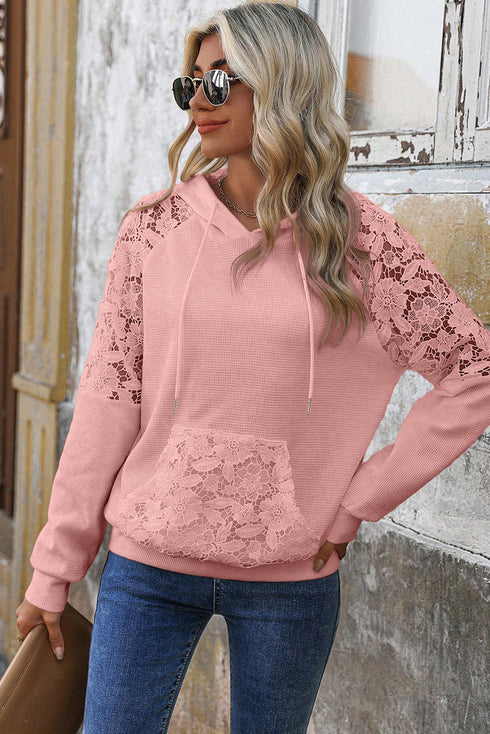 Waffle Knit Lace Patchwork Raglan Drawstring Kangaroo Pocket Hoodie